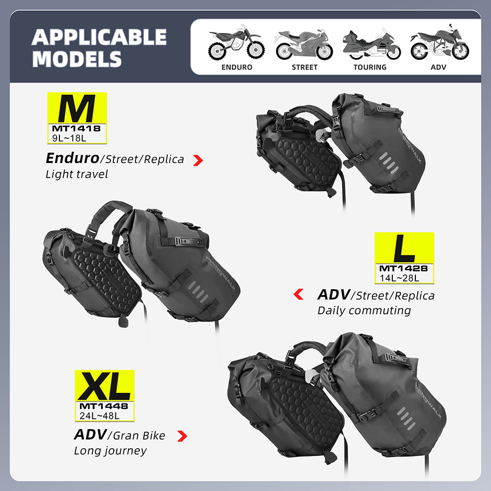 Bolsas para sillín de motocicleta Rhinowalk, impermeables, 18 l, 28 l y 48 l, universales, para alforjas laterales de motocicleta 