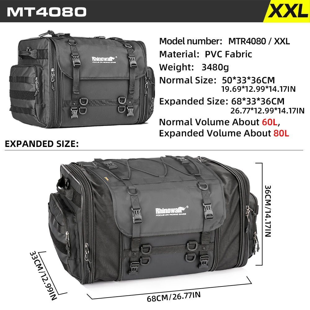 Bolsa trasera para motocicleta Rhinowalk, 26 l, expandible hasta 80 l, para equipaje de viaje 